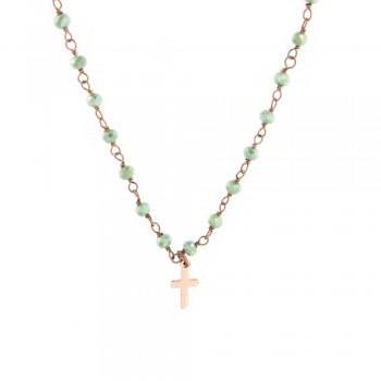 ΑΣΗΜΕΝΙΟ ΡΟΖΑΡΙΟ ΚΟΛΙΕ 40cm ΜΕ ΛΕΠΤΟΜΕΡΕΙΑ  ΣΤΑΥΡΟ ΜΕ ΟΡΥΚΤΕΣ ΦΥΣΙΚΕΣ ΠΕΤΡΕΣ QUARTZ ΠΡΑΣΙΝΕΣ