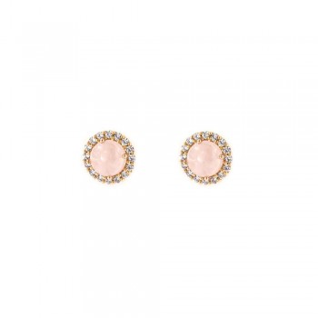 Σκουλαρίκια ροζέτα καπουσόν ροζ κουάρτζ , ροζ χρυσός Κ14