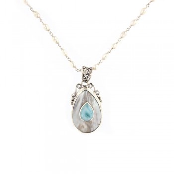 Κολιέ TASO με πέτρες Larimar και mother of pearl  ,ασήμι 925