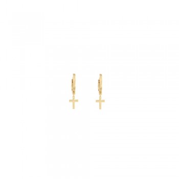 Σκουλαρίκια mini κρίκος με charm σε σταυρό, κίτρινος χρυσός Κ14