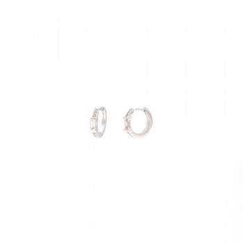 Σκουλαρίκια κρίκοι με διαμάντια σε παβέ και ένα λευκό Baguete διαμάντι, λευκόχρυσος  Κ18