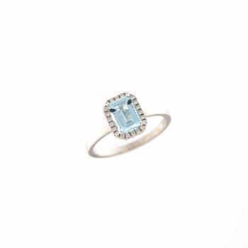 Δαχτυλίδι ροζέτα με emerald cut Aquamarine και διαμάντια ,λευκός χρυσός Κ18