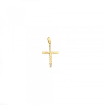 Σταυρός με ματ τεχνοτροπία και λεπτομέρεια εσταυρωμένο ,κίτρινος-λευκός  χρυσός Κ14