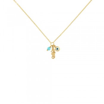 Κολιέ με φιλντισένιο στρογγυλό μάτι,ιππόκαμπο και τυρκουάζ  ,κίτρινος χρυσός Κ14