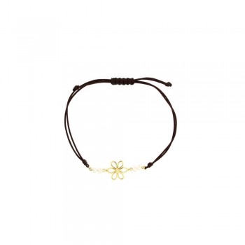 Βραχιόλι λουλούδι με διαμάντι,μαργαριτάρια και κορδόνι καφέ,  κλίτρινος χρυσός Κ14