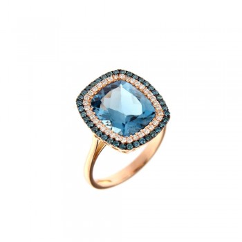 Δαχτυλίδι με London Blue Topaz και λευκά & μπλέ διαμάντια, ροζ χρυσός Κ18