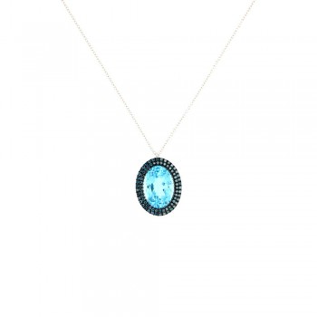 Κολιέ με Swiss Blue Topaz και μπλέ διαμάντια, λευκός χρυσός Κ18