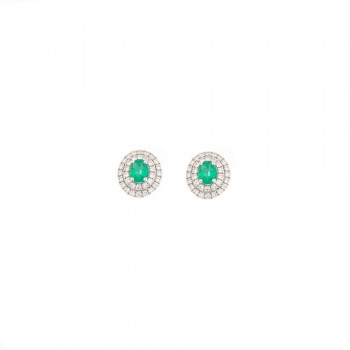 Σκουλαρίκια ροζέτα με οβάλ σμαράγδι Κολομβίας και διαμάντια ,λευκόχρυσος Κ18