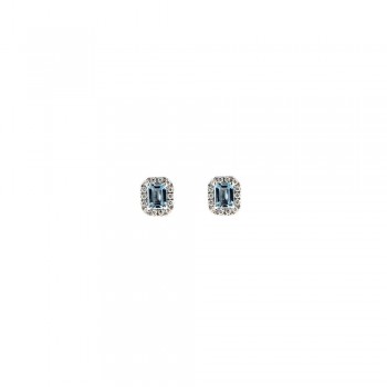 Σκουλαρίκια ροζέτα με emerald cut Aquamarine και διαμάντια, λευκός χρυσός Κ18