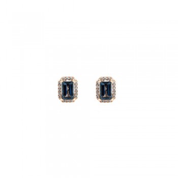 Σκουλαρίκια ροζέτα με emerald cut London Blue Topaz και διαμάντια, ροζ χρυσός Κ18