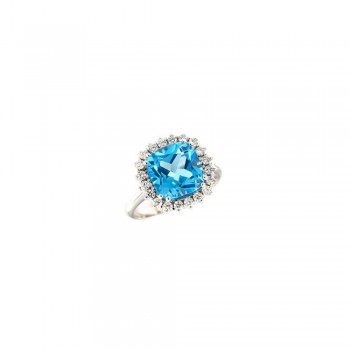 Δαχτυλίδι ροζέτα με cushion cut Blue Topaz και λευκά διαμάντια, λευκός χρυσός Κ18