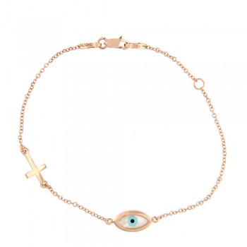 Βραχιόλι με φιλντισένιο αμυγδαλωτό μάτι και σταυρό, ροζ χρυσός Κ14