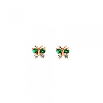 Σκουλαρίκια πεταλούδες με λευκά και πράσινα ζιργκόν, ροζ χρυσός Κ14