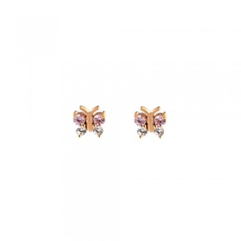 Σκουλαρίκια πεταλούδες με ένχρωμα quartz, ροζ χρυσός Κ14