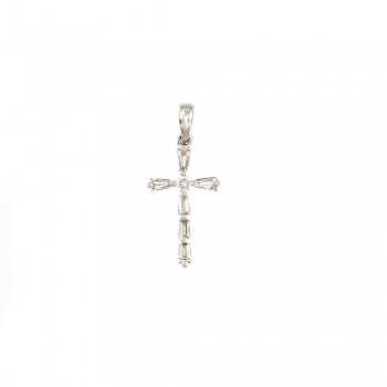 Σταυρός με λευκά διαμάντια σε tapered και brillant cut, λευκός χρυσός Κ18
