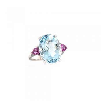 Δαχτυλίδι με οβάλ Aquamarine και ροζ ζαφείρια, λευκός χρυσός Κ18