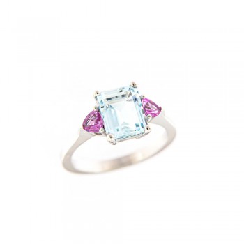 Δαχτυλίδι με emerald cut Aquamarine και ροζ ζαφείρια, λευκός χρυσός Κ18