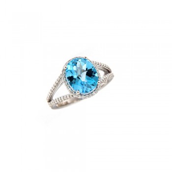 Δαχτυλίδι ροζέτα με οβάλ μπλέ τοπάζι και διαμάντια, λευκός χρυσός Κ18