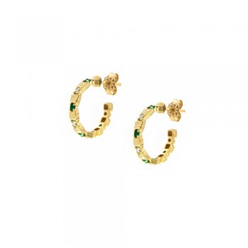 Σκουλαρίκια κρίκος με σατινέ τεχνοτροποία,διαμάντια και σμαράγδια, κίτρινος χρυσός Κ14