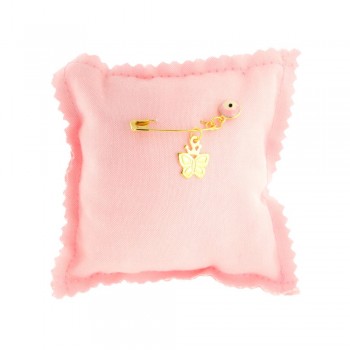 Ασημένια παραμάνα φυλαχτό με πεταλούδα και ροζ μάτι σε μαξιλάρι