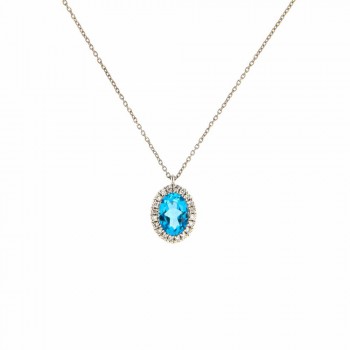 Κολιέ ροζέτα με οβάλ Swiss Blue Topaz και λευκά διαμάντια, λευκός χρυσός Κ18