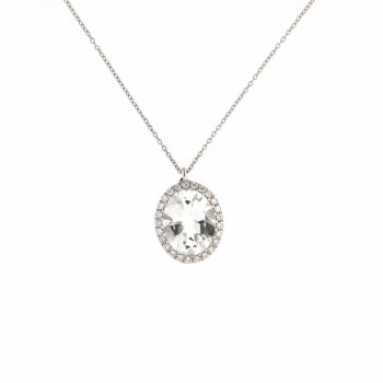Κολιέ ροζέτα με οβάλ λευκό Topaz και λευκά διαμάντια, λευκός χρυσός Κ18