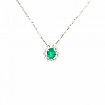 Κολιέ ροζέτα με οβάλ σμαράγδι Κολομβίας και διαμάντια, λευκόχρυσος Κ18