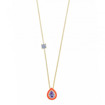 Κολιέ SALVATORE PLATA με λιλά ζιργκόν και σμάλτο, ασήμι κίτρινο επίχρυσο 925 