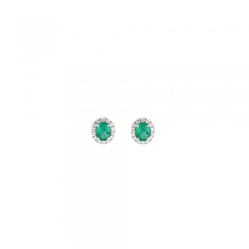 Σκουλαρίκια ροζέτα με οβάλ σμαράγδι Κολομβίας και διαμάντια ,λευκόχρυσος Κ18