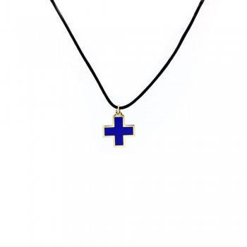 Κολιέ ανδρικό σταυρός με μπλέ κεραμικό, κίτρινος χρυσός Κ14