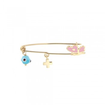 Παραμάνα με πεταλούδα σε ροζ σμάλτο, κίτρινος χρυσός Κ14