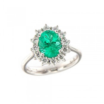 Δαχτυλίδι ροζέτα με οβάλ σμαράγδι Κολομβίας και διαμάντια ,λευκόχρυσος Κ18