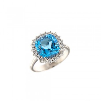 Δαχτυλίδι ροζέτα με cushion cut Swiss Blue Topaz και λευκά διαμάντια, λευκός χρυσός Κ18