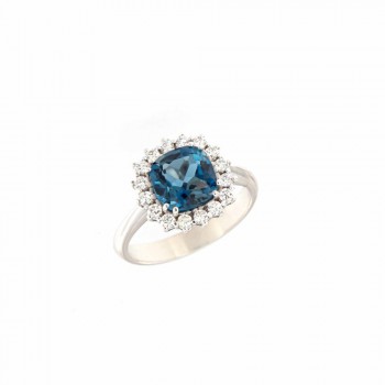 Δαχτυλίδι ροζέτα με cushion cut London Blue Topaz και λευκά διαμάντια, λευκός χρυσός Κ18