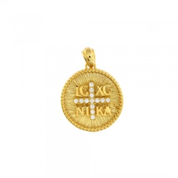 Μενταγιόν φυλαχτό κωνσταντινάτο με λευκά ζιργκόν, κίτρινος χρυσός Κ14