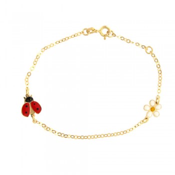 Βραχιόλι με πασχαλίτσα και λουλουδάκι σε σμάλτο, κίτρινος χρυσός Κ14