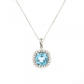 Κολιέ ροζέτα με cushion cut μπλέ τοπάζι και διαμάντια, λευκός χρυσός Κ18