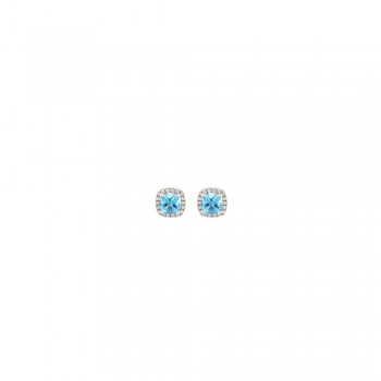 Σκουλαρίκια ροζέτα με cushion cut Blue topaz και διαμάντια, λευκός χρυσός Κ18