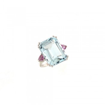 Δαχτυλίδι με emerald cut Aquamarine και ροζ ζαφείρια, λευκός χρυσός Κ18