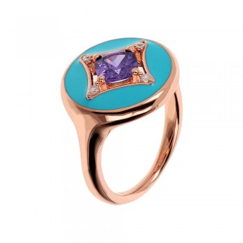 Δαχτυλίδι Bronzallure με σιέλ σμάλτο και μοβ ζιργκόν, ροζ επιχρυσωμένο