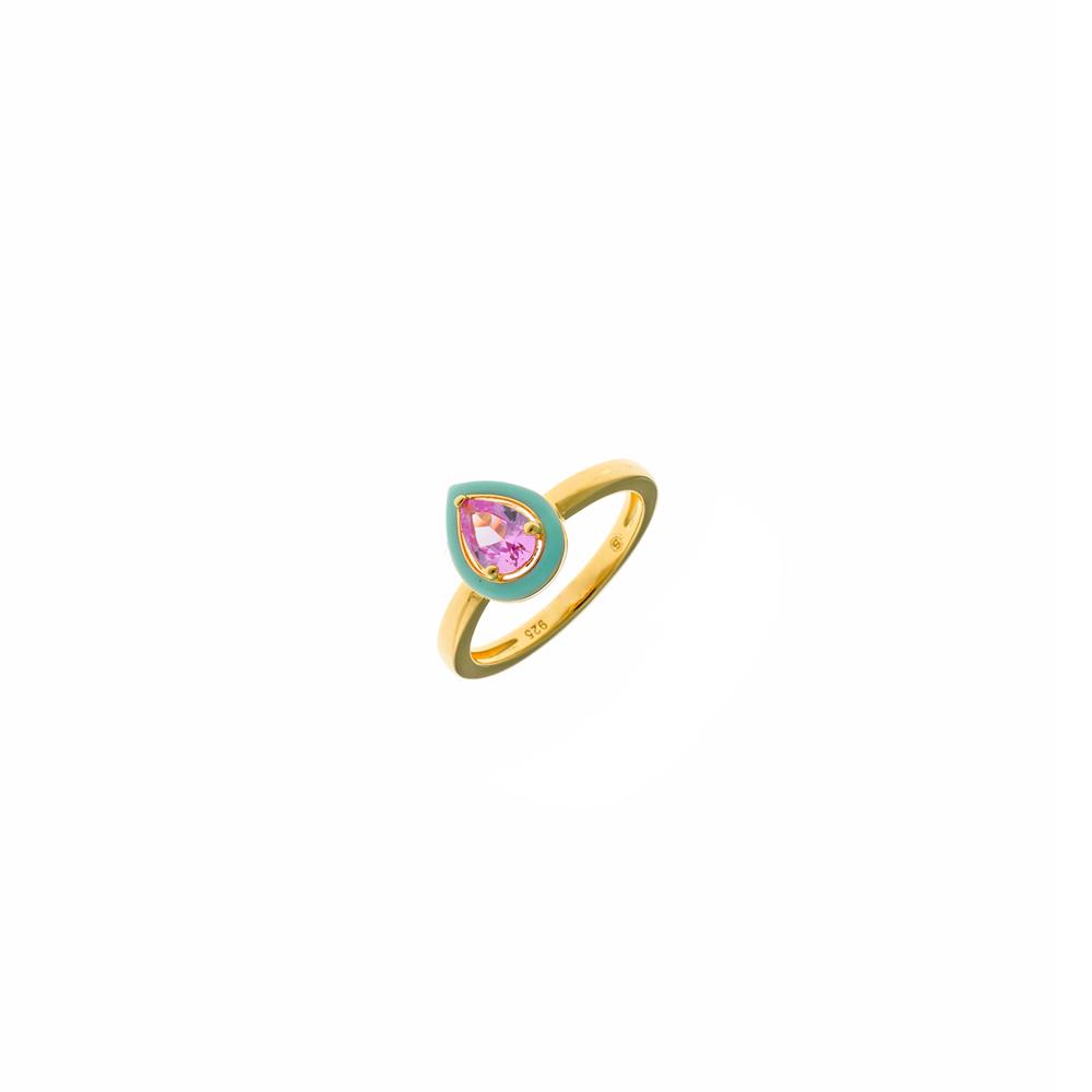 Δαχτυλίδι SALVATORE PLATA με ροζ ζιργκόν και σμάλτο, ασήμι κίτρινο επίχρυσο 925 